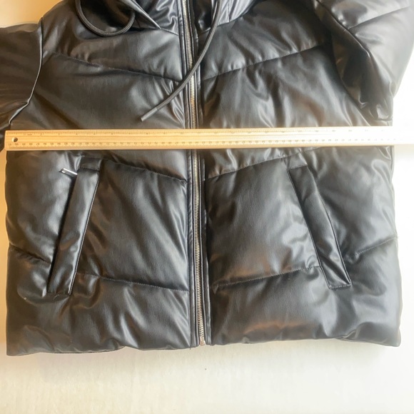 ZARA Faux Leather Puffer Jacket Black Hooded Zip Front Women’s Small - Picture 10 of 13